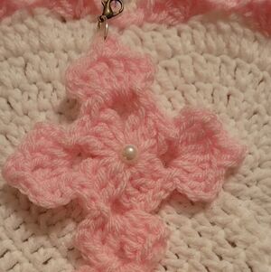 Pink Crochet Cross Keychain Clip